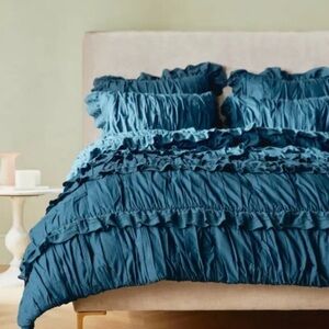NWT Anthropologie Astride Voile Ruched Eyelet Ruffle Teal Blue King Size Quilt